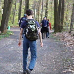 Zdjęcie przedstawia grupę osób idących szutrową ścieżką w lesie.