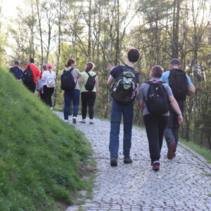 Zdjęcie przedstawia grupę wchodzącą pod górę po brukowanej ścieżce.