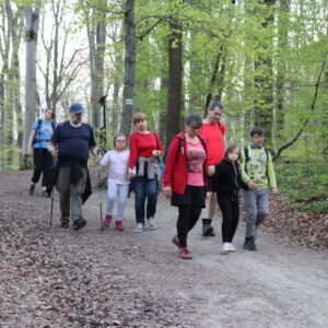 Zdjęcie przestawia grupę osób idących szlakiem w lesie.